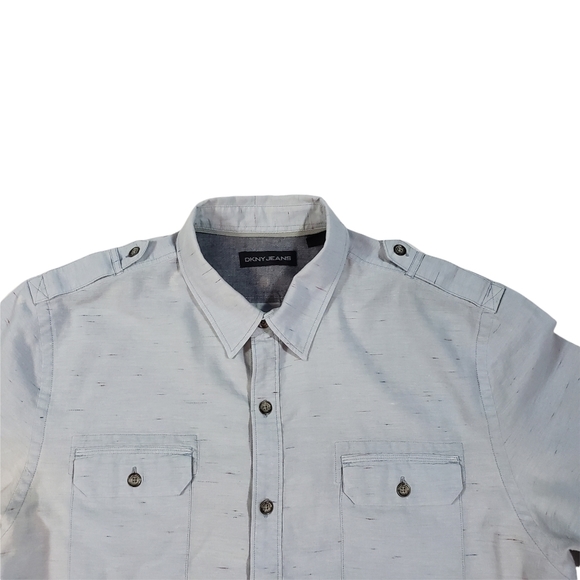 DKNY Jeans Blue Chambray Button Up Shirt Sz Large Casual Paint Splatter Print - Picture 4 of 8
